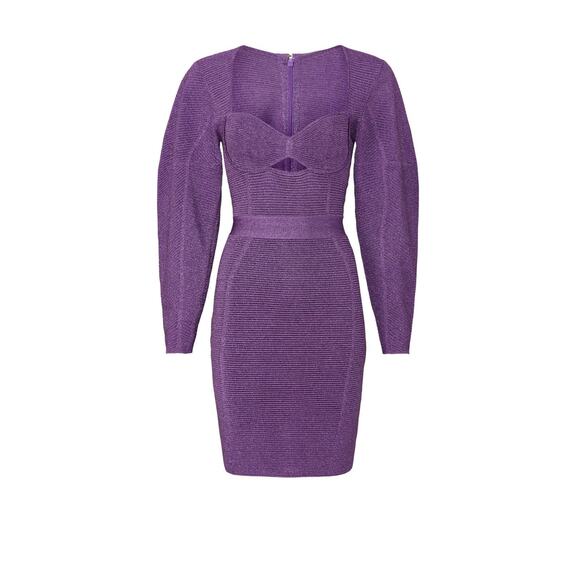 Herve Leger Lurex Ottoman Purple Cut Out Long Sleeve Sweetheart Cocktail Dress M - Picture 5 of 16